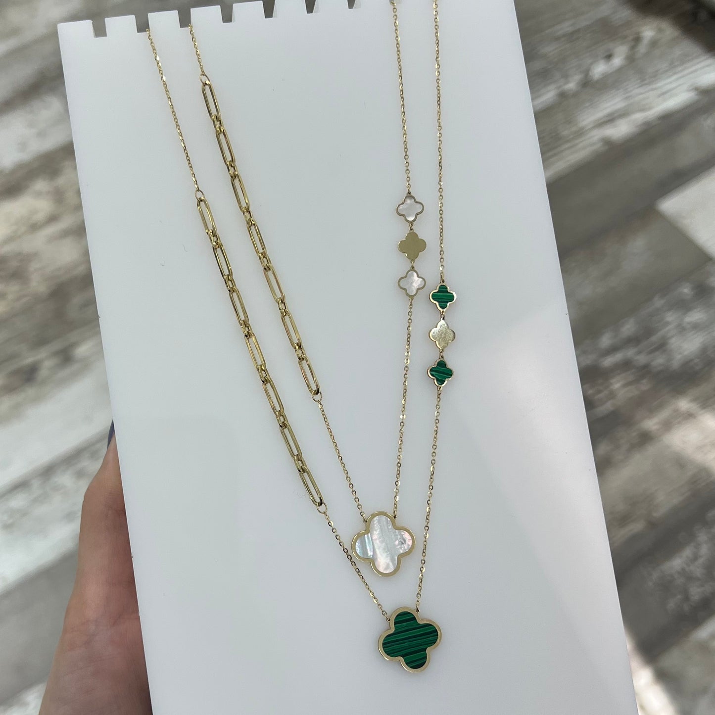 14k Gold Clover Station Necklace, Green