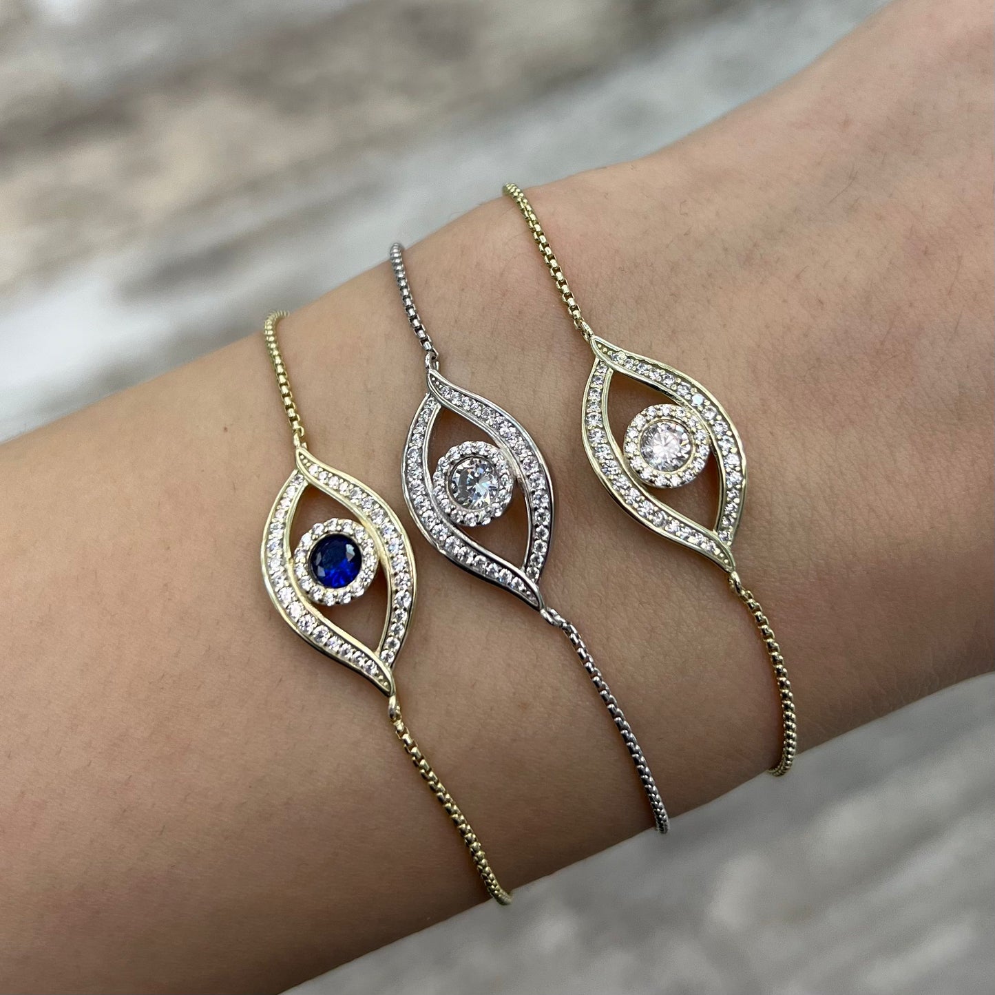 Sterling Silver / Gold Plated Crystal Evil Eye Adjustable Bracelet