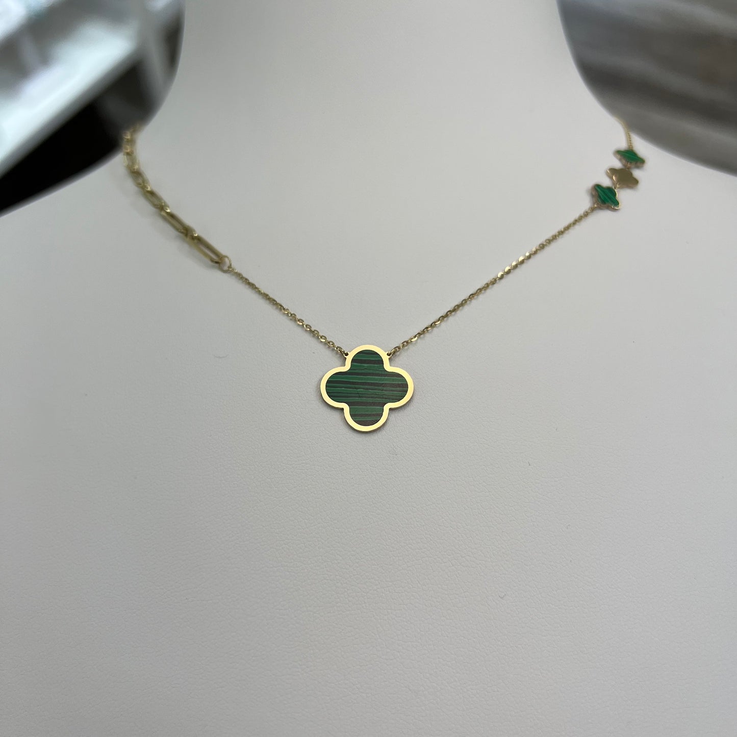 14k Gold Clover Station Necklace, Green