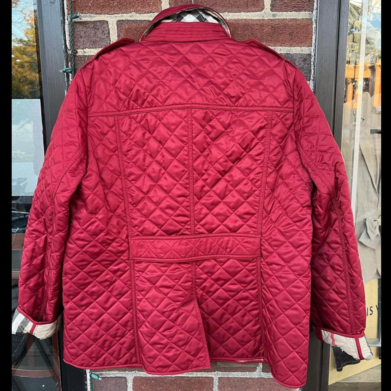 Burberry Red Quilted Button Coat, Size XL