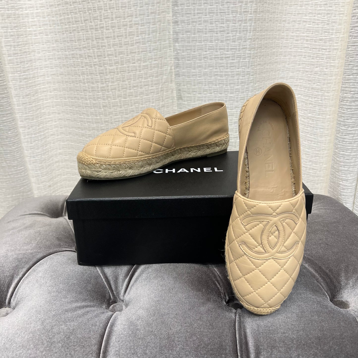 Chanel Beige Leather Quilted Espadrilles, Size 37