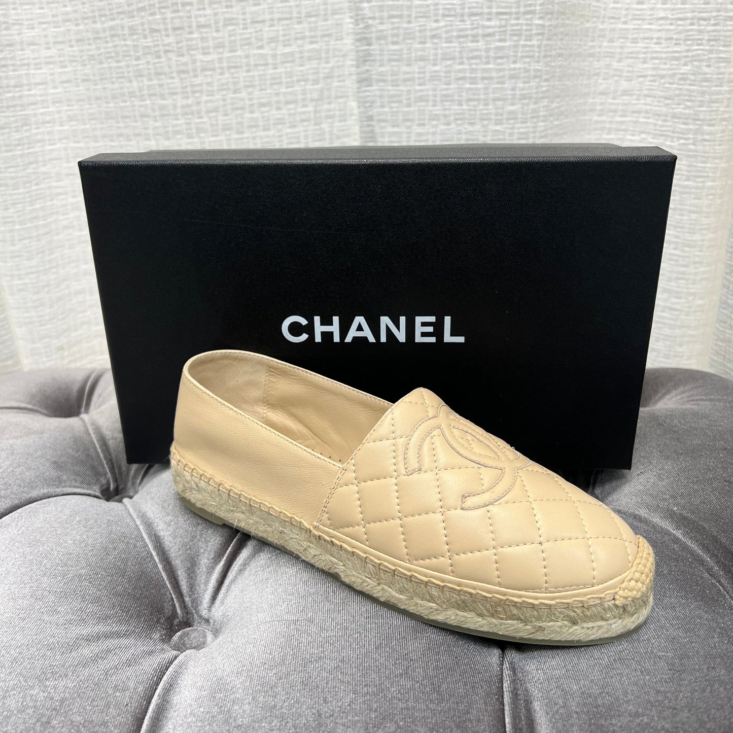 Chanel Beige Leather Quilted Espadrilles, Size 37