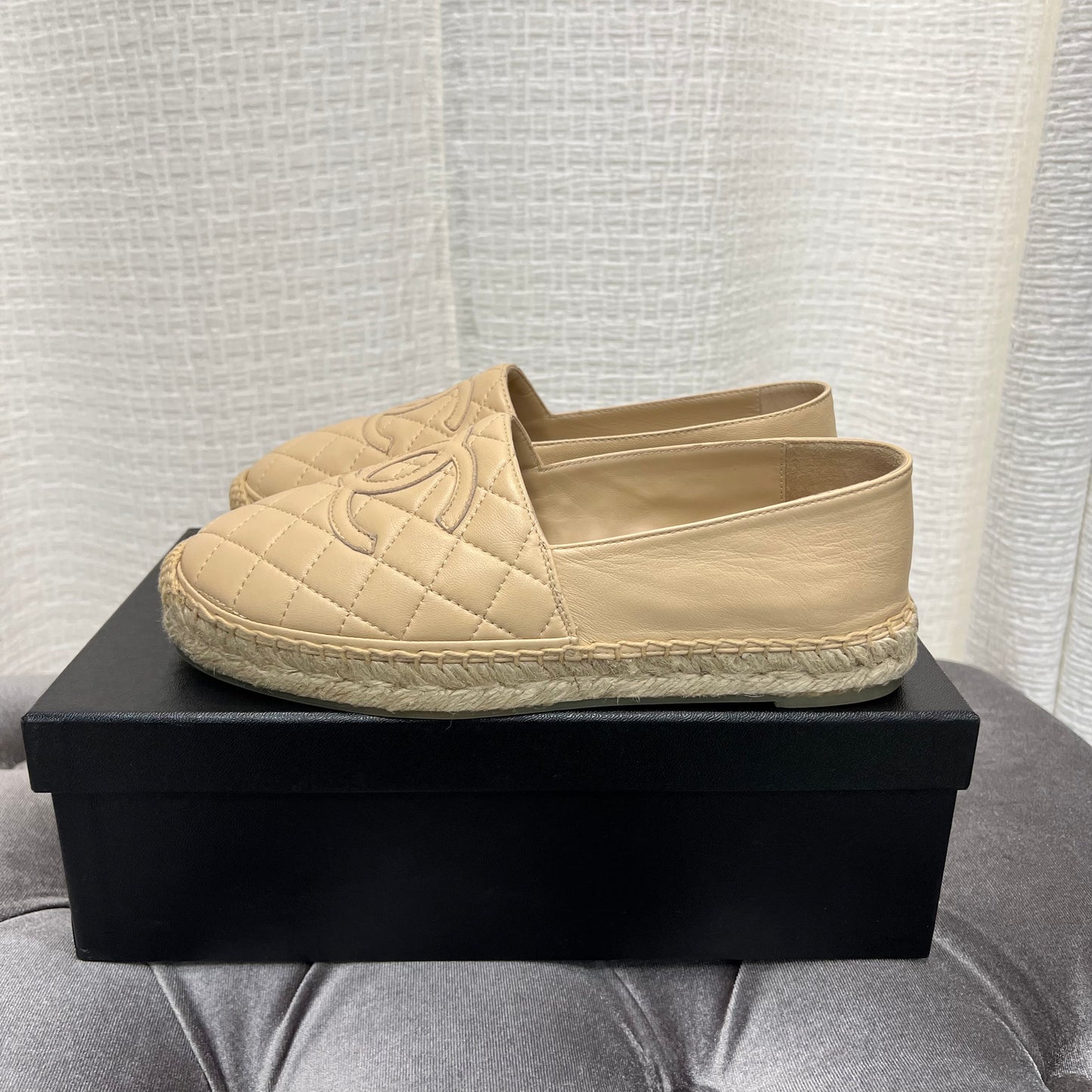 Chanel Beige Leather Quilted Espadrilles, Size 37