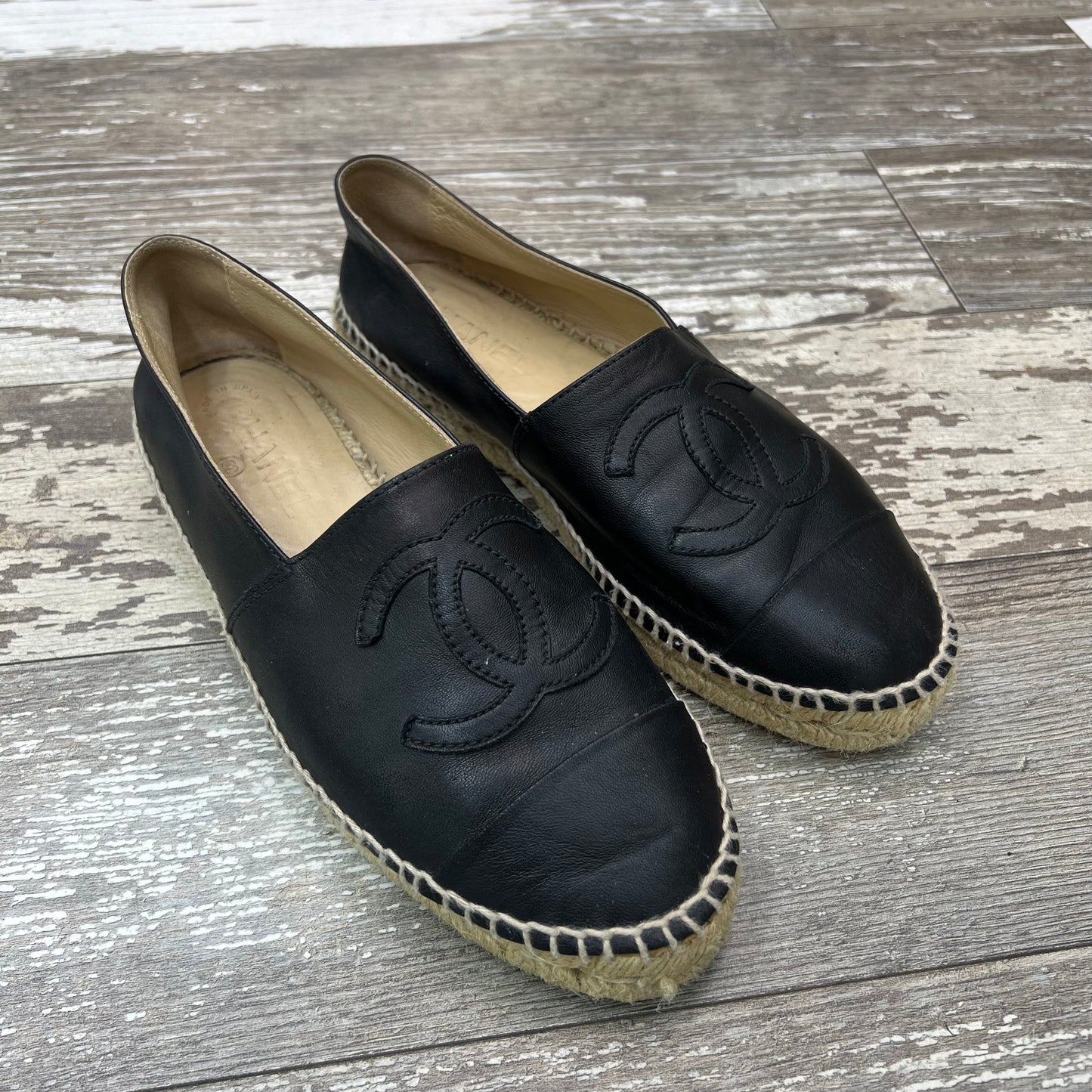 Chanel Black Leather Espadrilles, Size 38