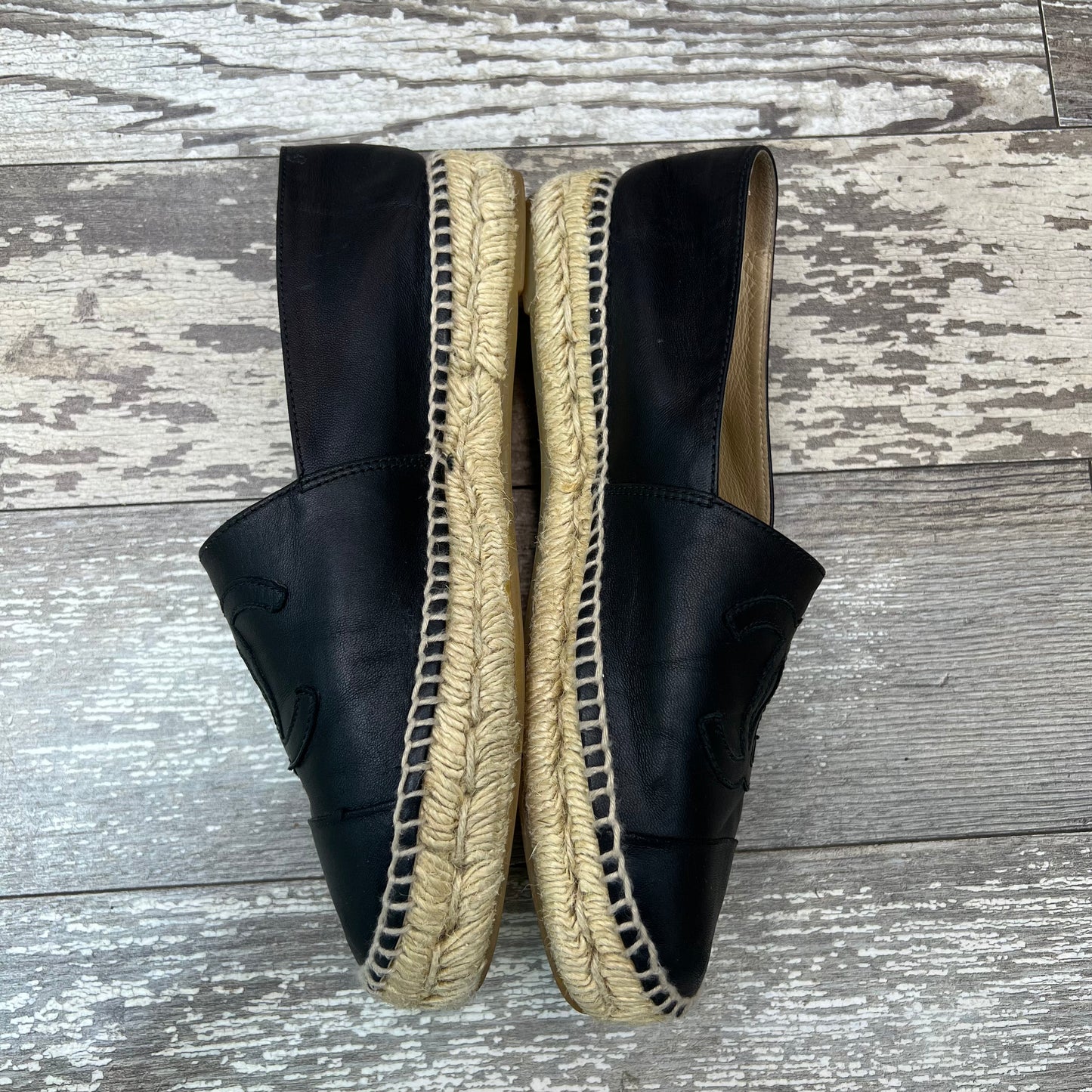 Chanel Black Leather Espadrilles, Size 38