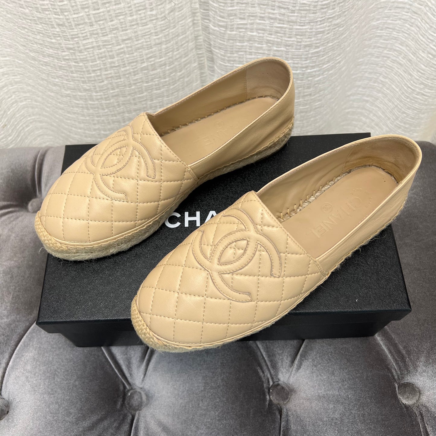 Chanel Beige Leather Quilted Espadrilles, Size 37
