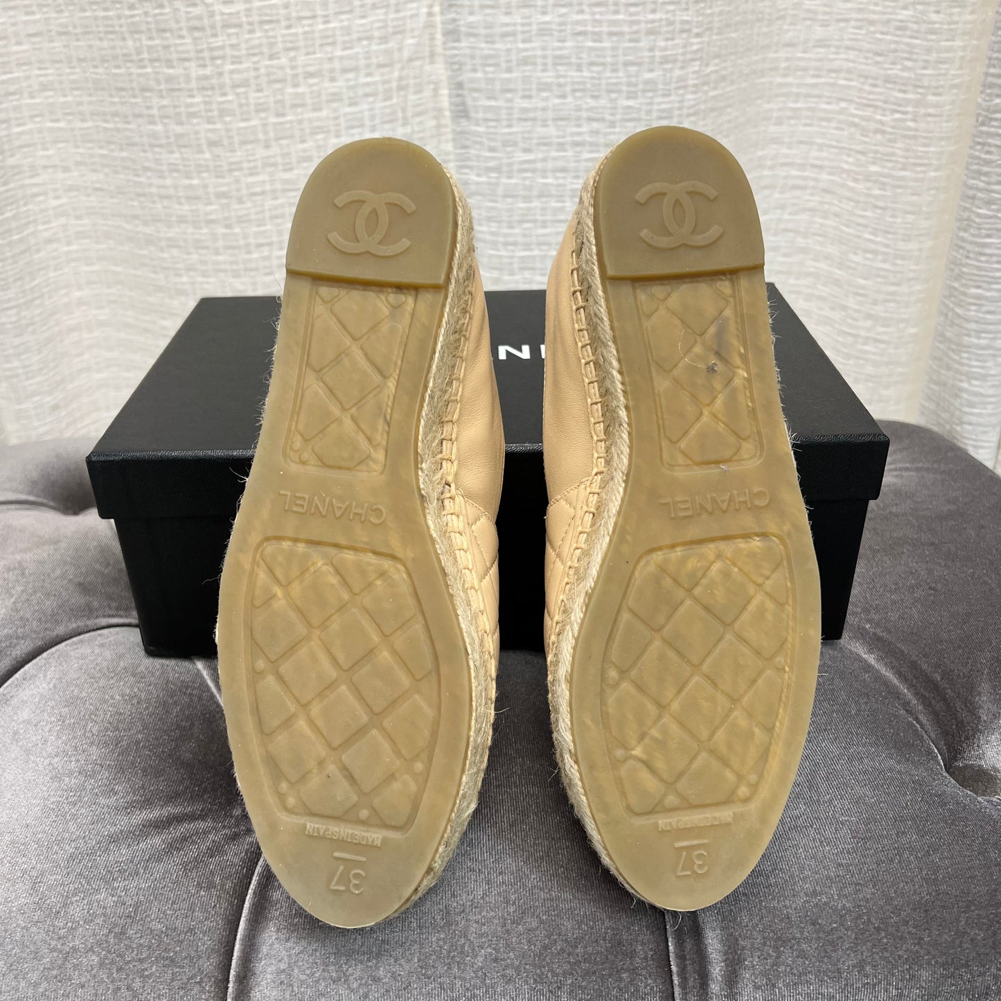 Chanel Beige Leather Quilted Espadrilles, Size 37