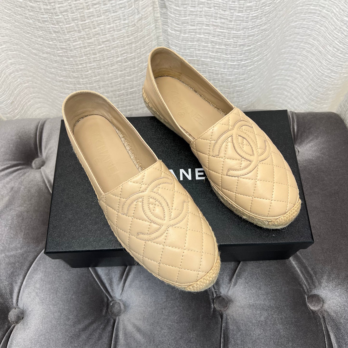 Chanel Beige Leather Quilted Espadrilles, Size 37