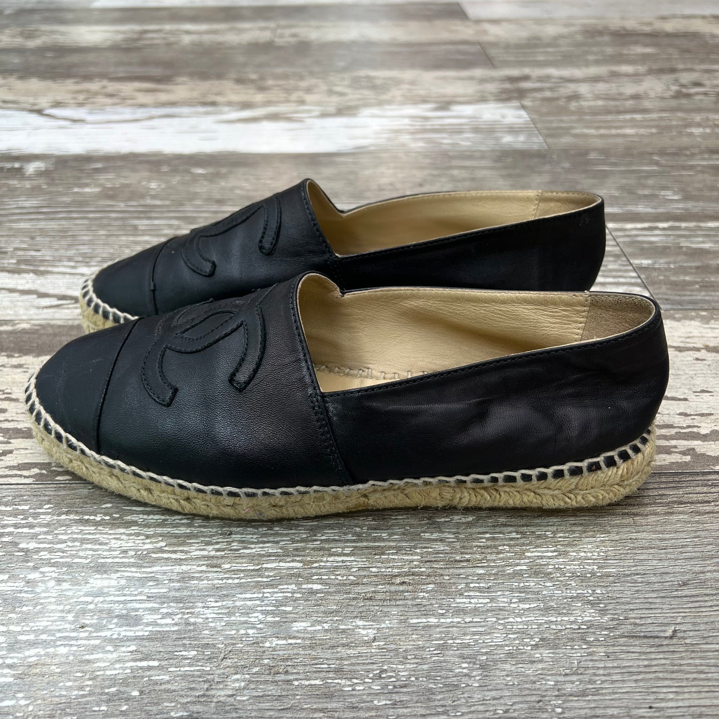 Chanel Black Leather Espadrilles, Size 38