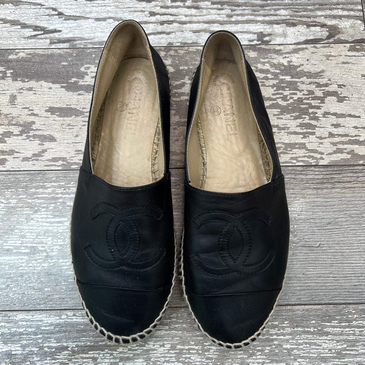 Chanel Black Leather Espadrilles, Size 38