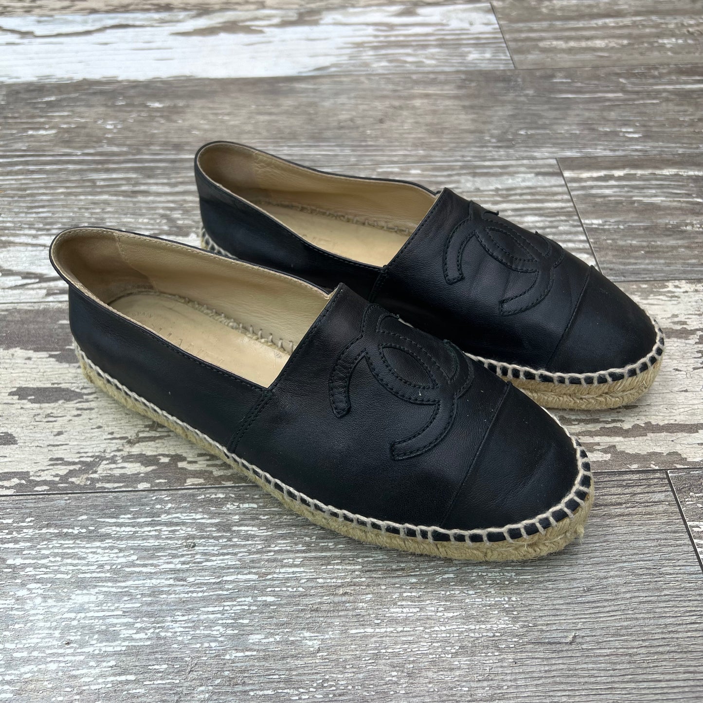 Chanel Black Leather Espadrilles, Size 38