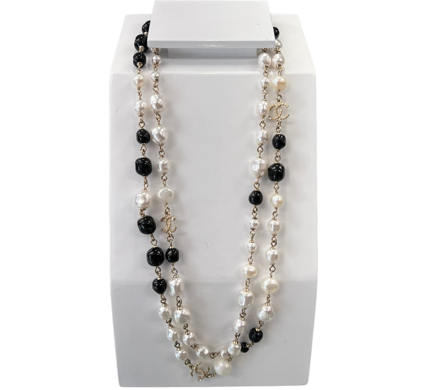 Chanel Black & White Pearl Crystal Long Necklace