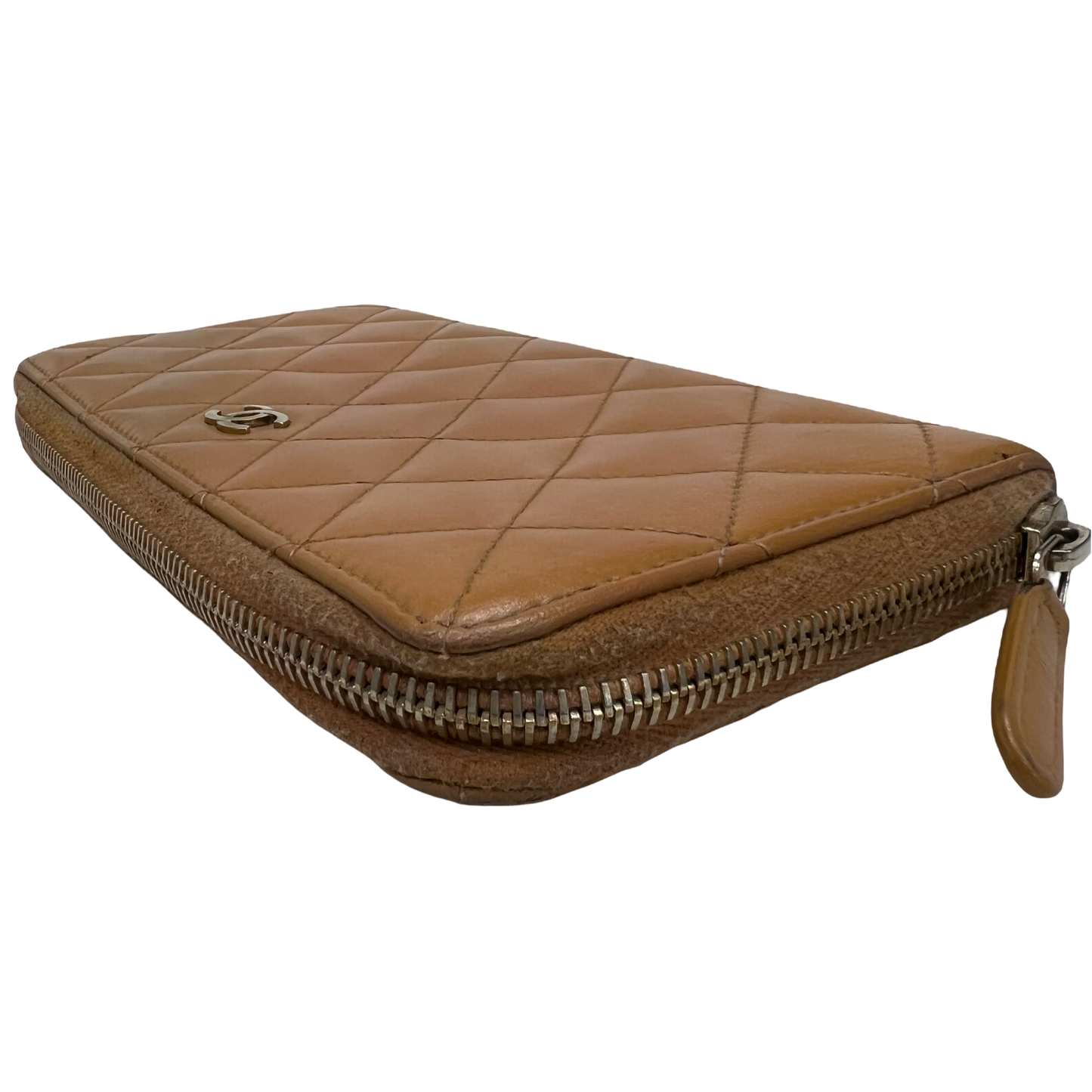 Chanel Light Brown Lambskin Quilted Zip Wallet