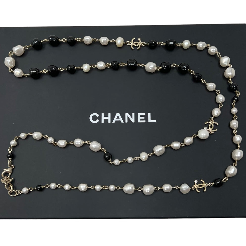 Chanel Black & White Pearl Crystal Long Necklace