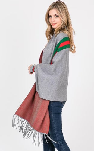 Grey 3 Stripe Accent Sleeve Cape Shawl with Fringe