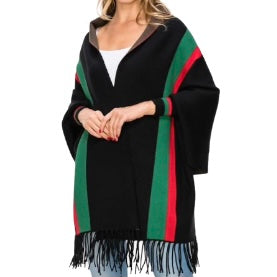 Black 2 Stripe Accent Sleeve Cape Shawl with Fringe