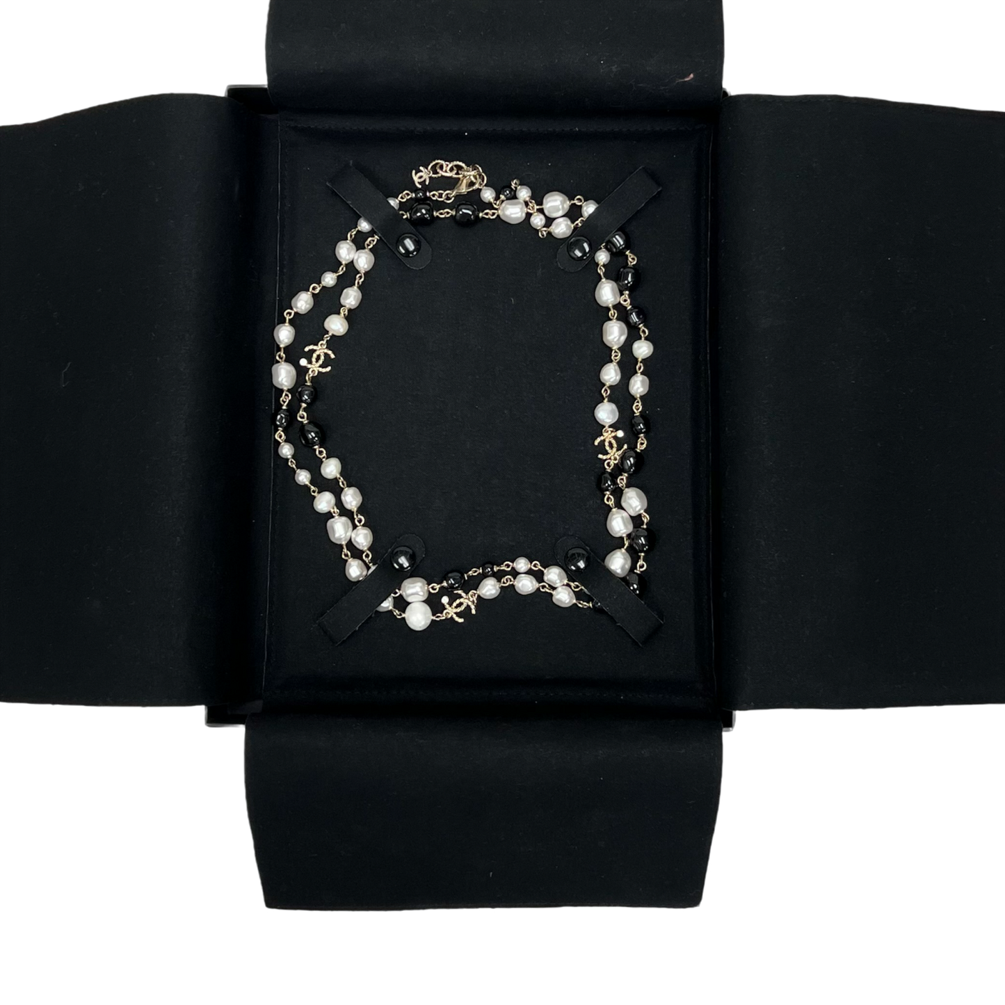 Chanel Black & White Pearl Crystal Long Necklace
