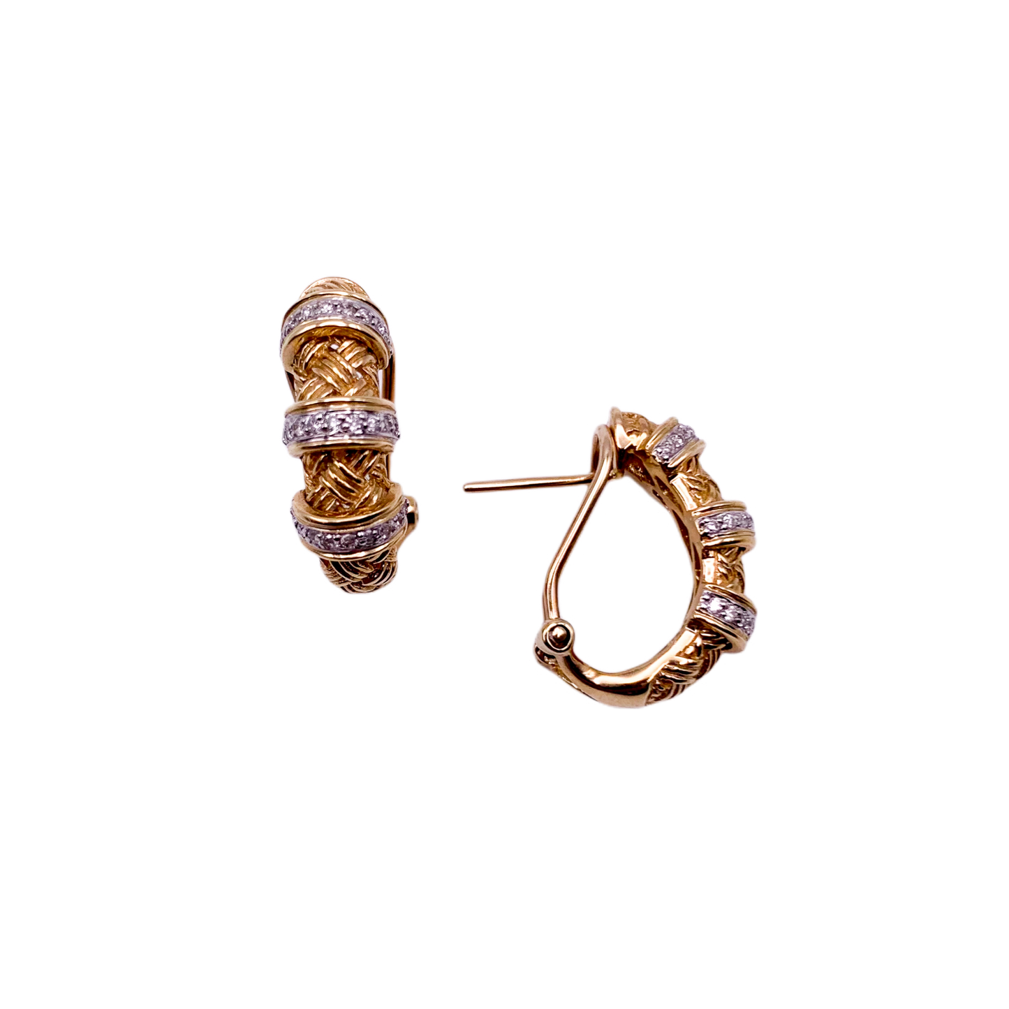 14k Woven Gold and Diamond Huggie