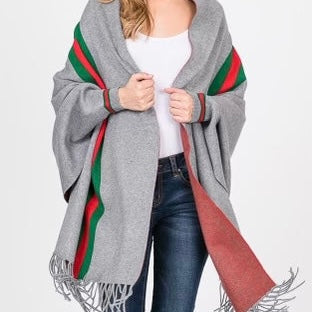 Grey 3 Stripe Accent Sleeve Cape Shawl with Fringe