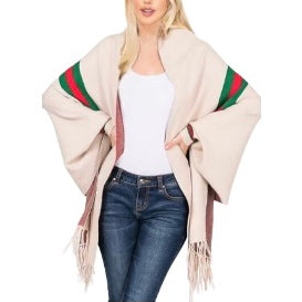 Cream 3 Stripe Accent Sleeve Cape Shawl with Fringe