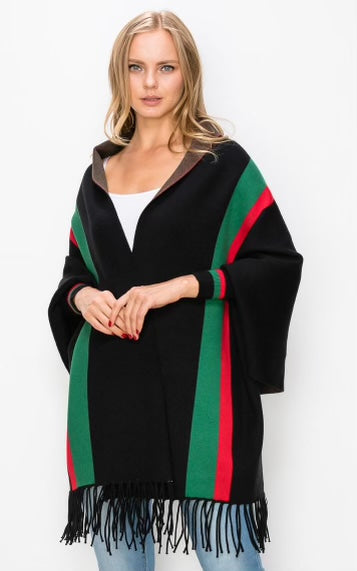 Black 2 Stripe Accent Sleeve Cape Shawl with Fringe