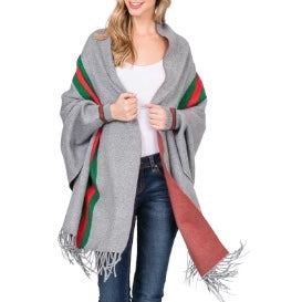 Grey 3 Stripe Accent Sleeve Cape Shawl with Fringe