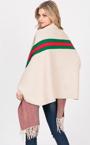 Cream 3 Stripe Accent Sleeve Cape Shawl with Fringe