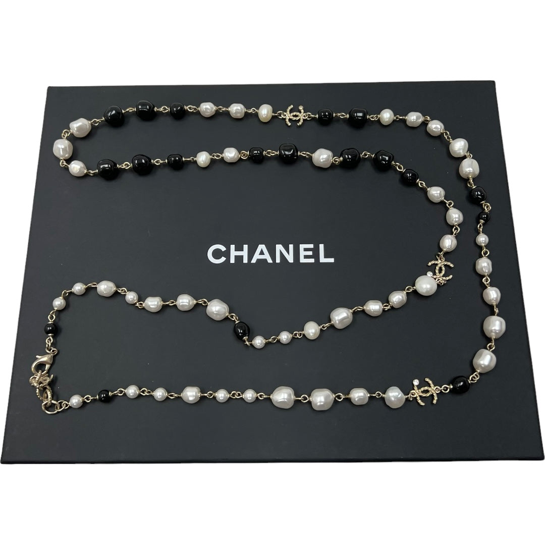 Chanel Black & White Pearl Crystal Long Necklace