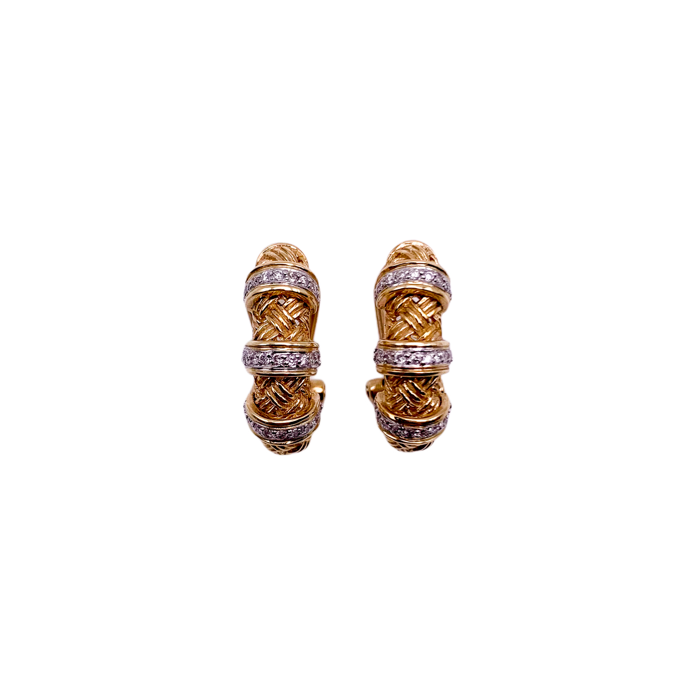 14k Woven Gold and Diamond Huggie