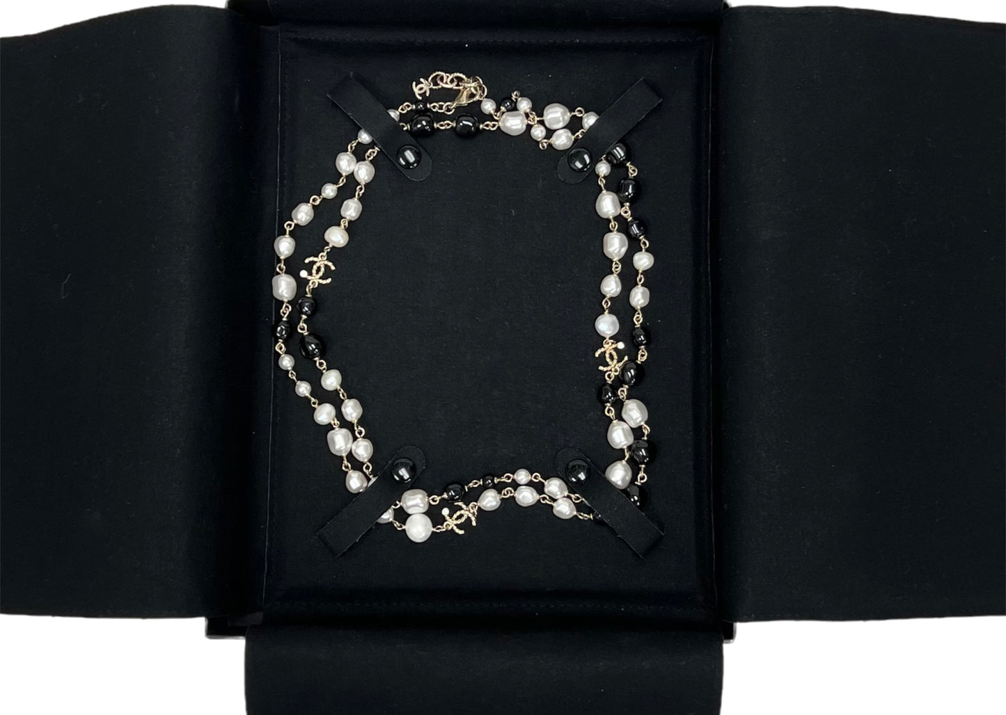Chanel Black & White Pearl Crystal Long Necklace