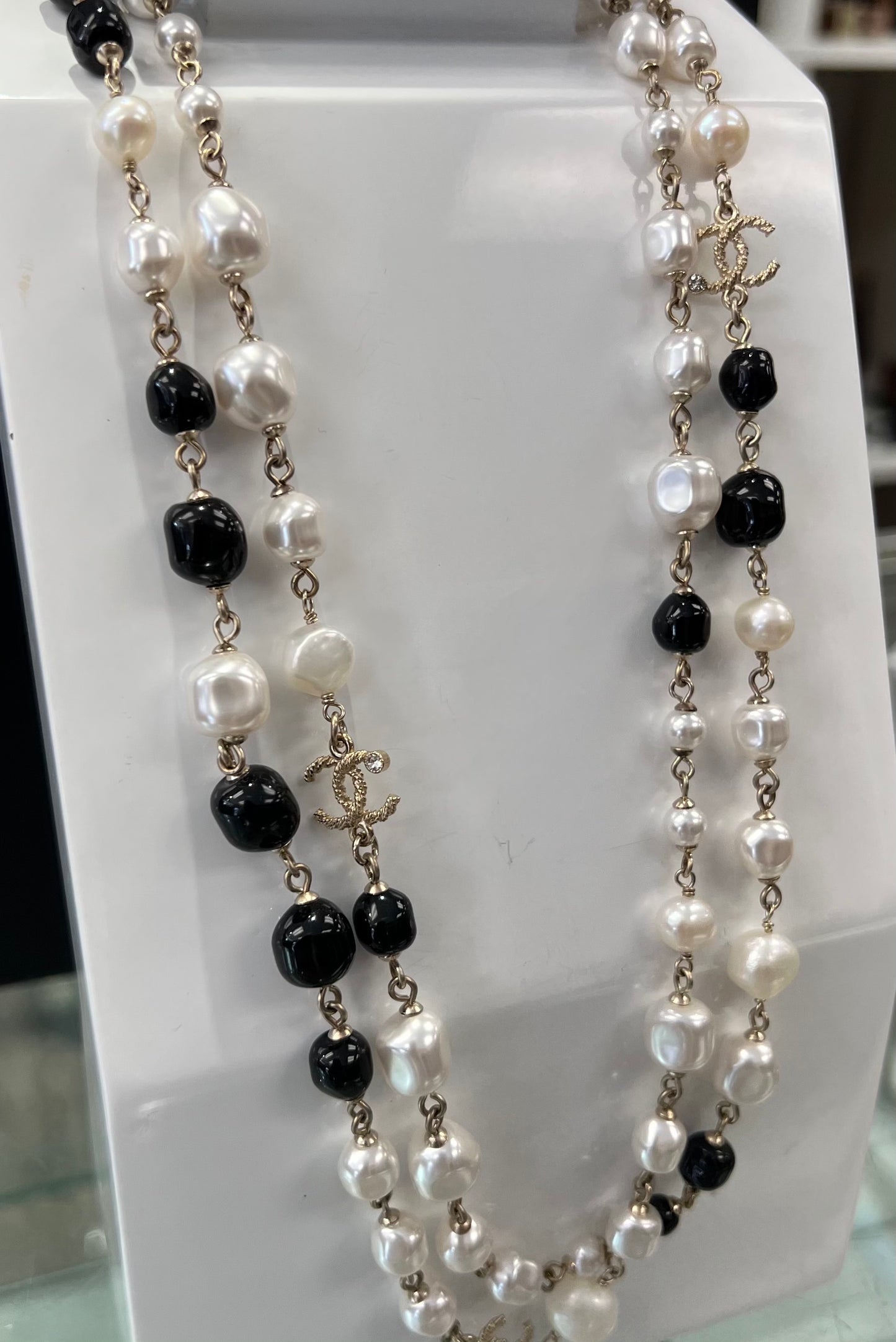 Chanel Black & White Pearl Crystal Long Necklace