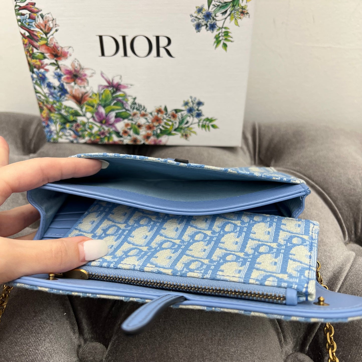 Christian Dior Oblique Saddle Chain Long Wallet Turquoise