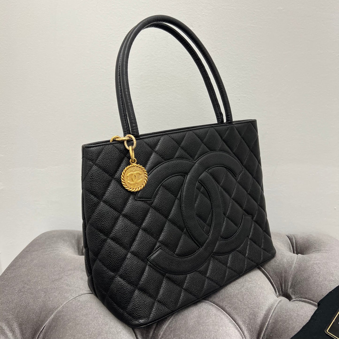 Chanel Caviar Quilted Medallion Tote Black Gold