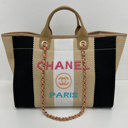 Chanel Straw Raffia Striped Medium Deauville Tote Black Beige Ivory