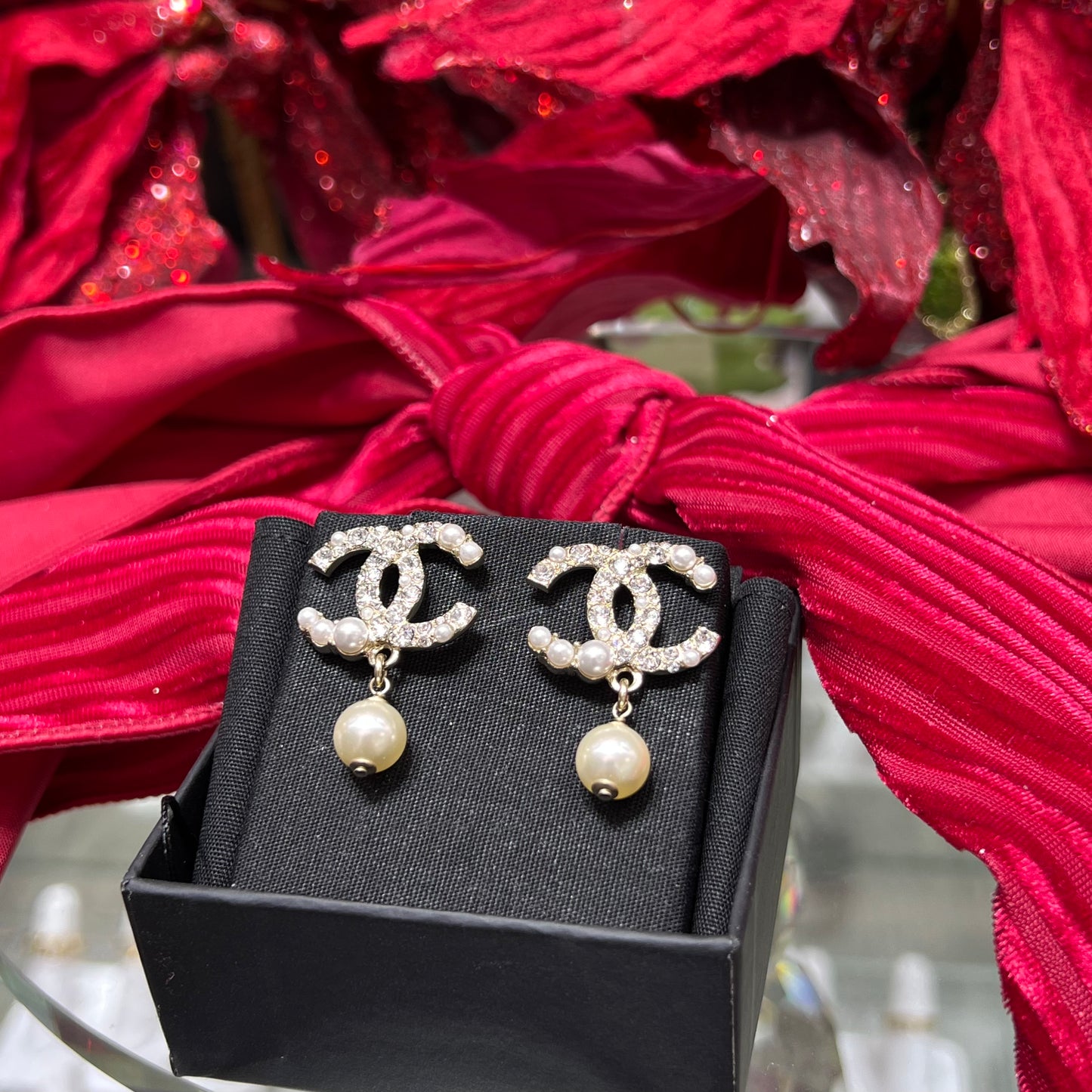Chanel CC Crystal Pearl Drop Earrings with Box