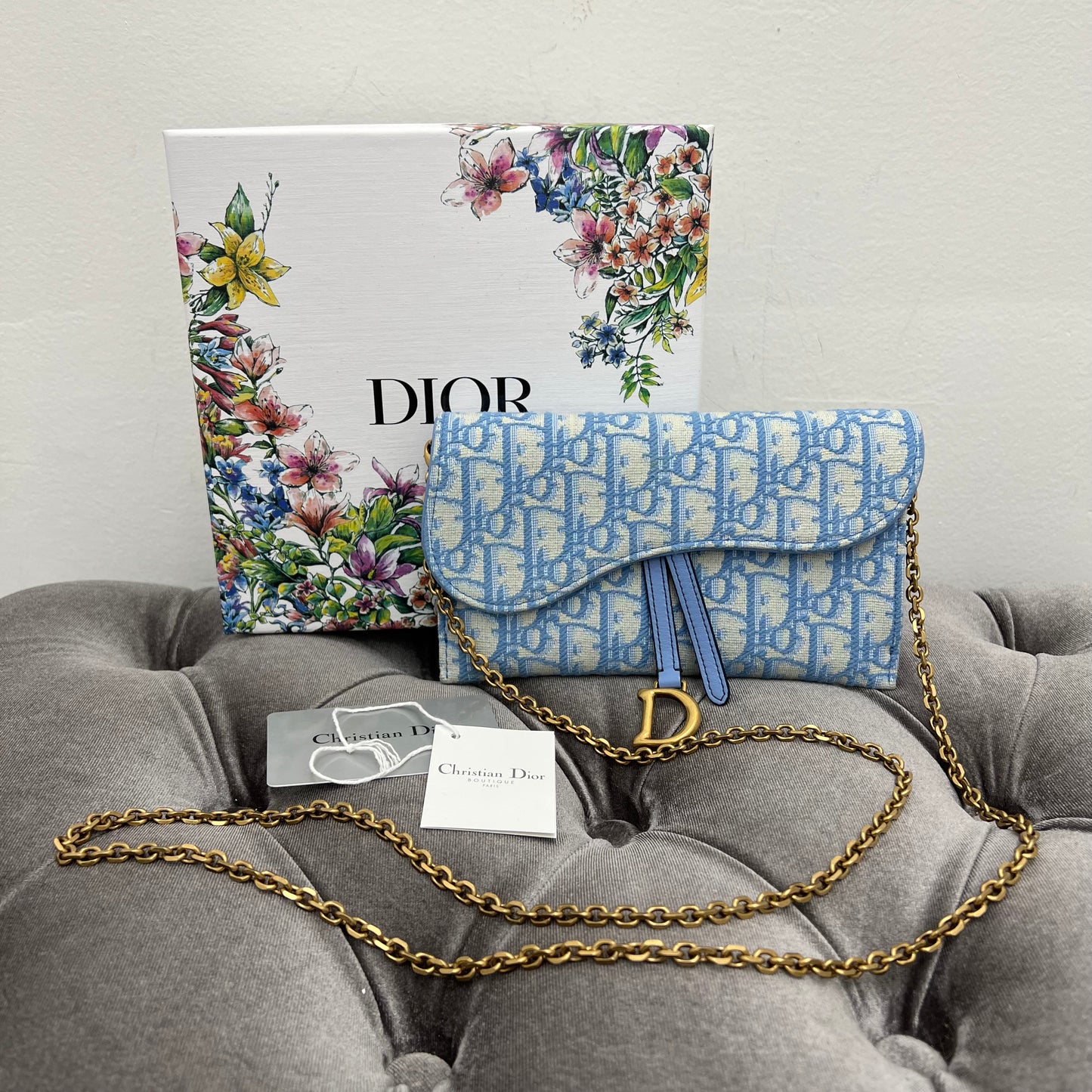 Christian Dior Oblique Saddle Chain Long Wallet Turquoise