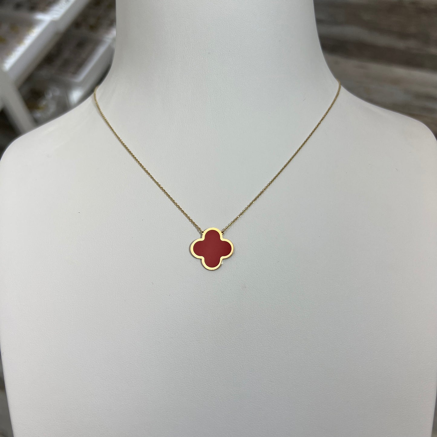 14k Gold Clover Necklace, Red