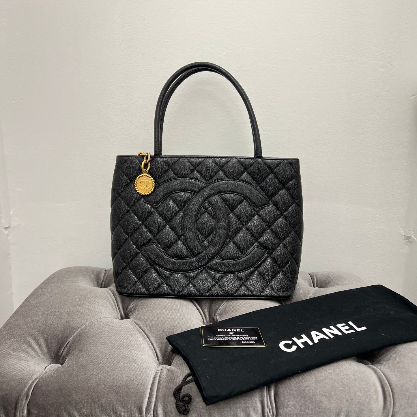Chanel Caviar Quilted Medallion Tote Black Gold