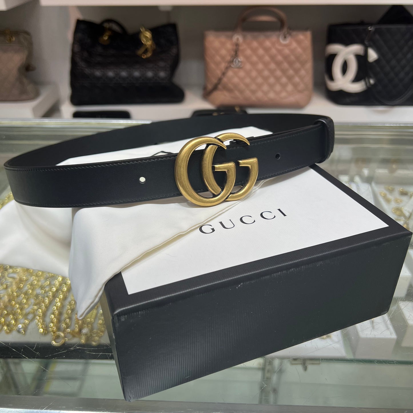 Gucci Marmont Belt Black/Gold, Size 95