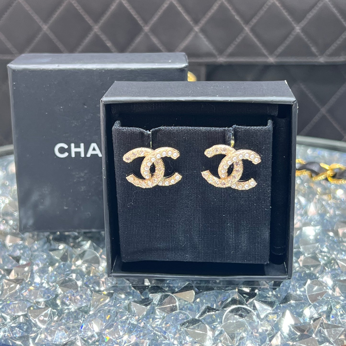 Chanel CC Pearl & Crystal Earrings with Box
