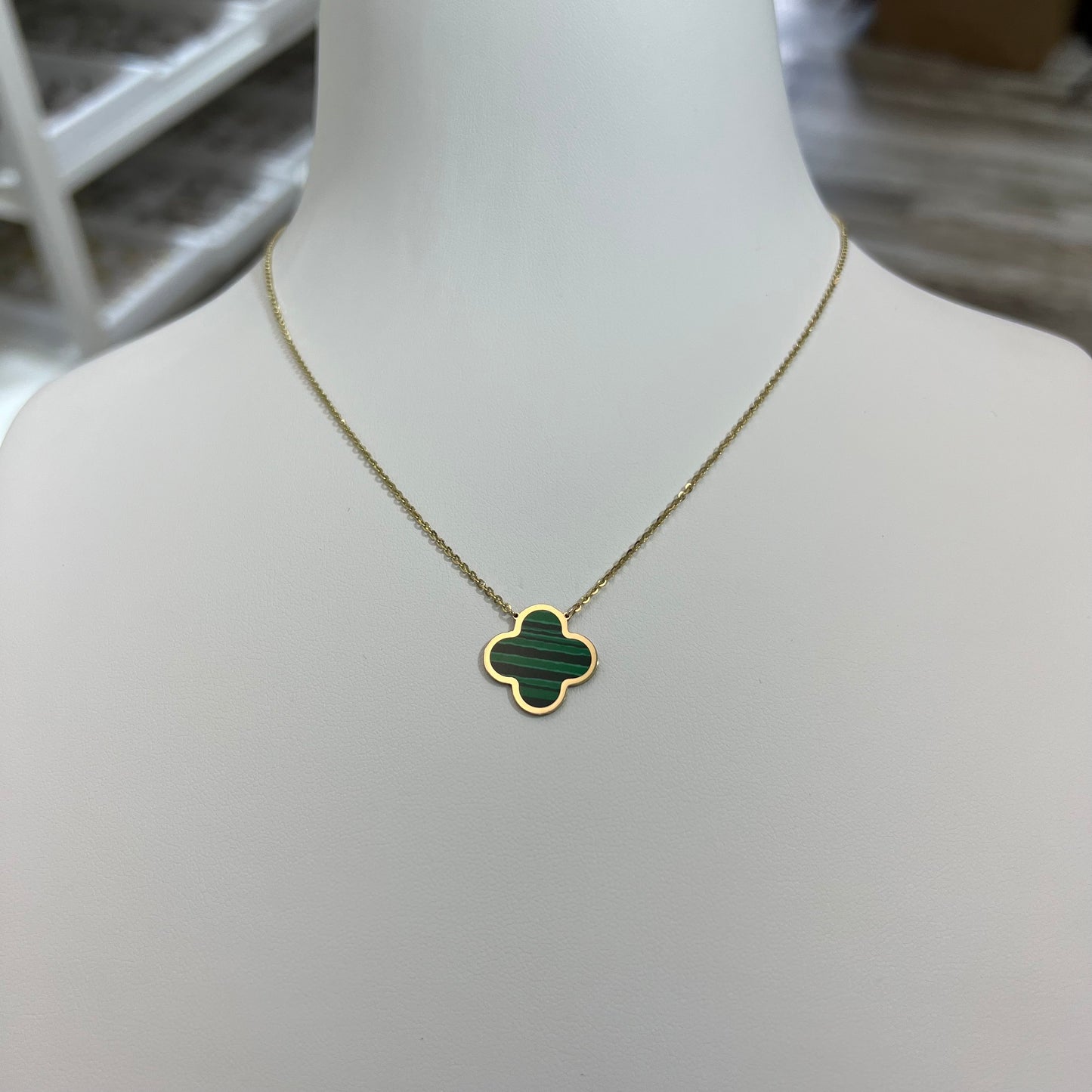 14k Gold Clover Necklace, Green