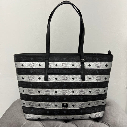 MCM Metallic Visetos Striped Medium Anya Shopper Tote Black Silver