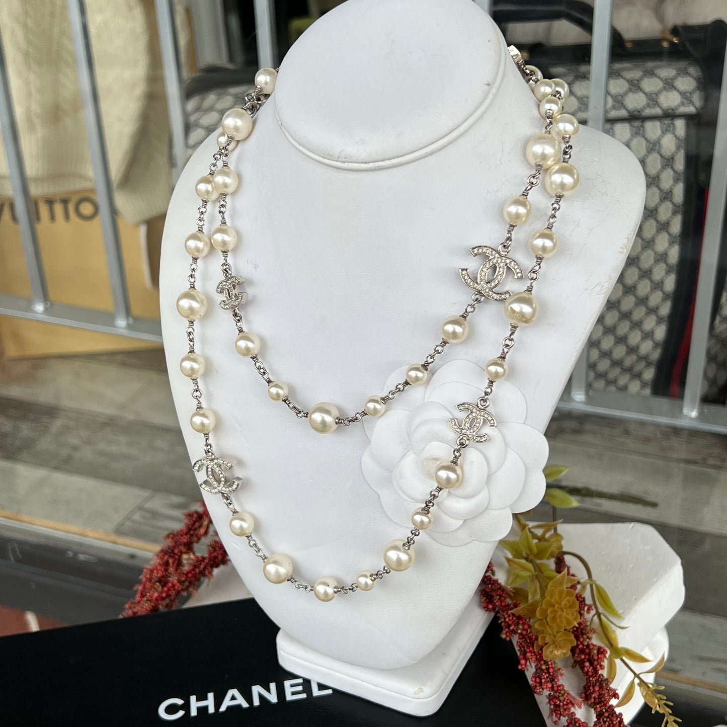 Chanel Pearl and Crystal CC 5 Station Long Necklace