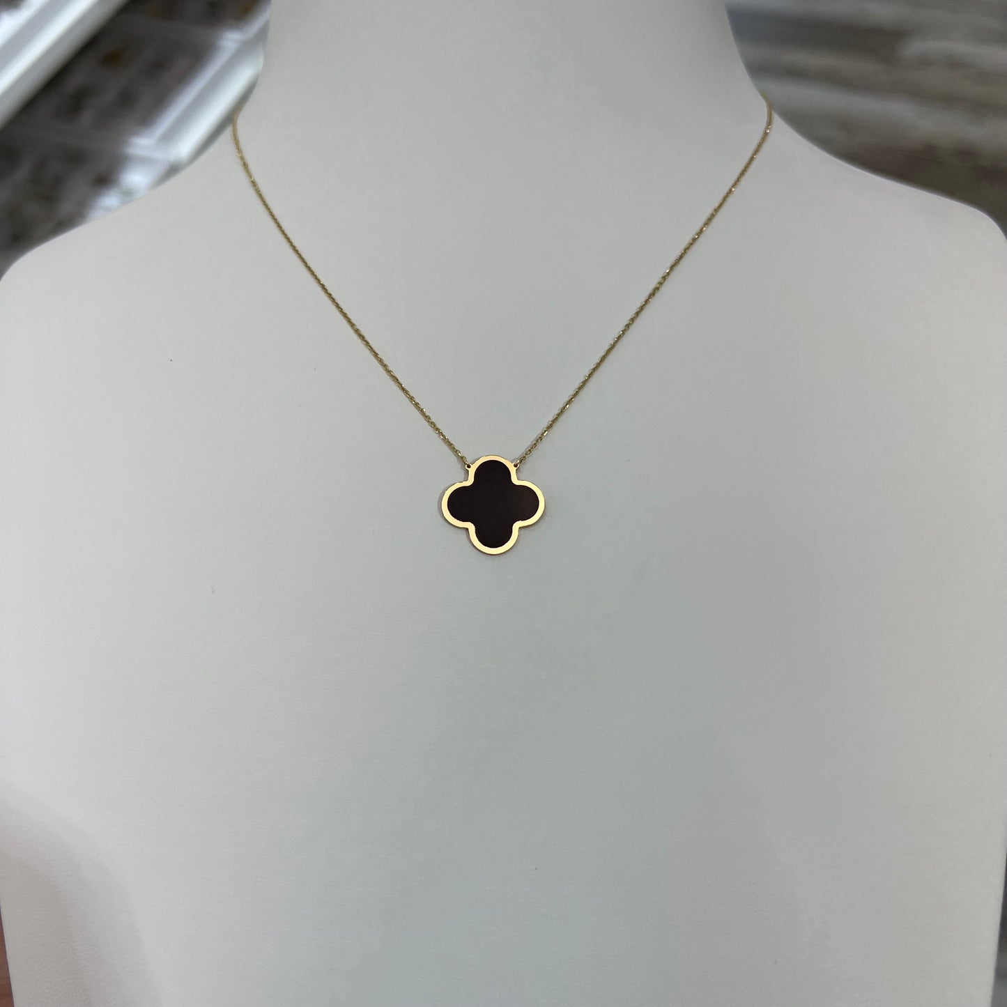 14k Gold Clover Necklace, Black