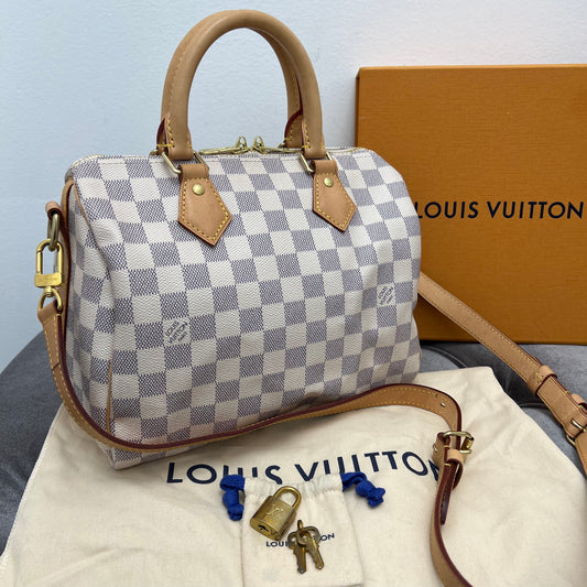 Louis Vuitton Speedy 25 Bandouliere Damier Azur with Lock, Key, Box