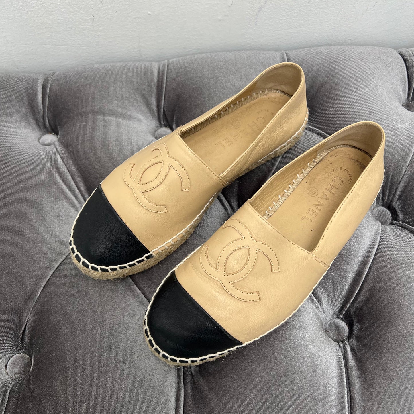 Chanel Beige Leather Espadrilles, Size 38