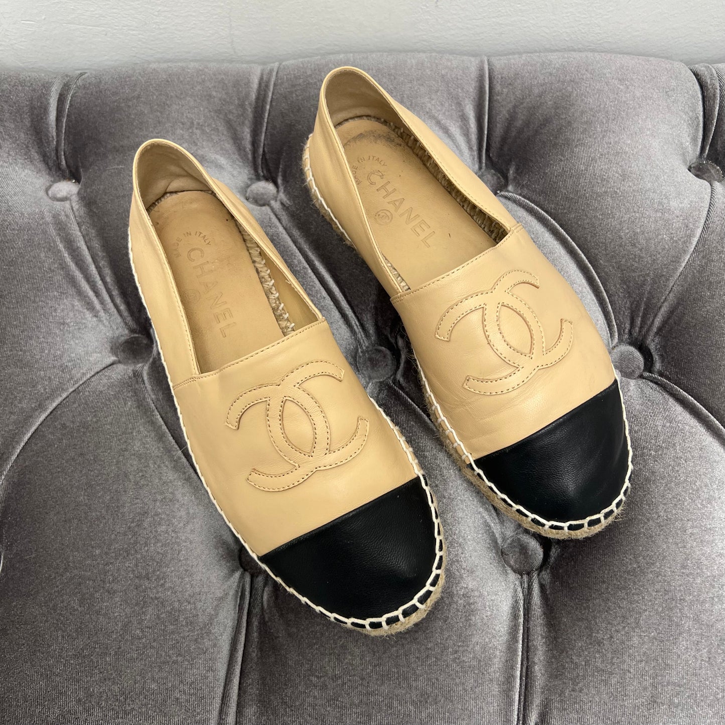 Chanel Beige Leather Espadrilles, Size 38