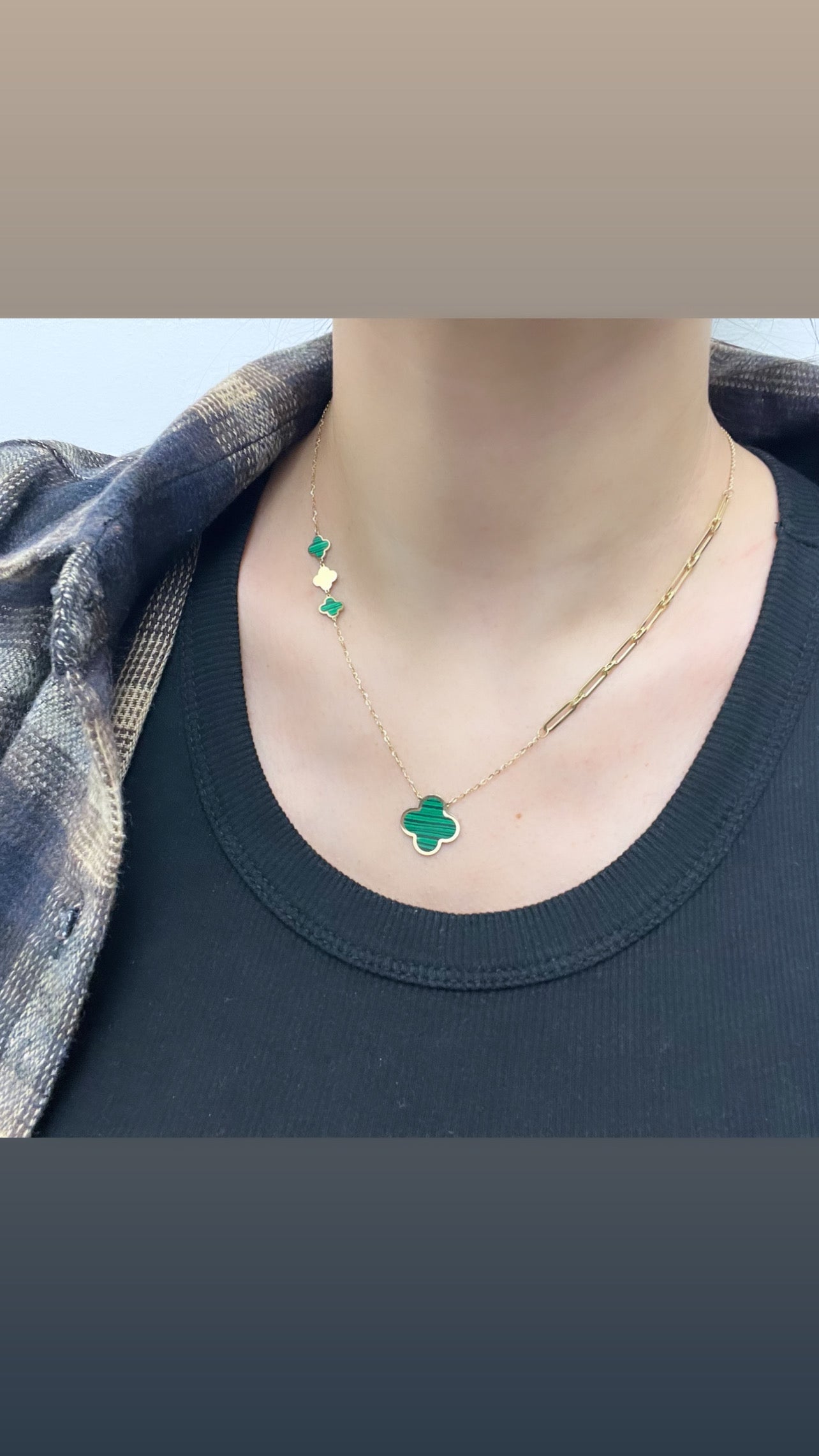 14k Gold Clover Station Necklace, Green