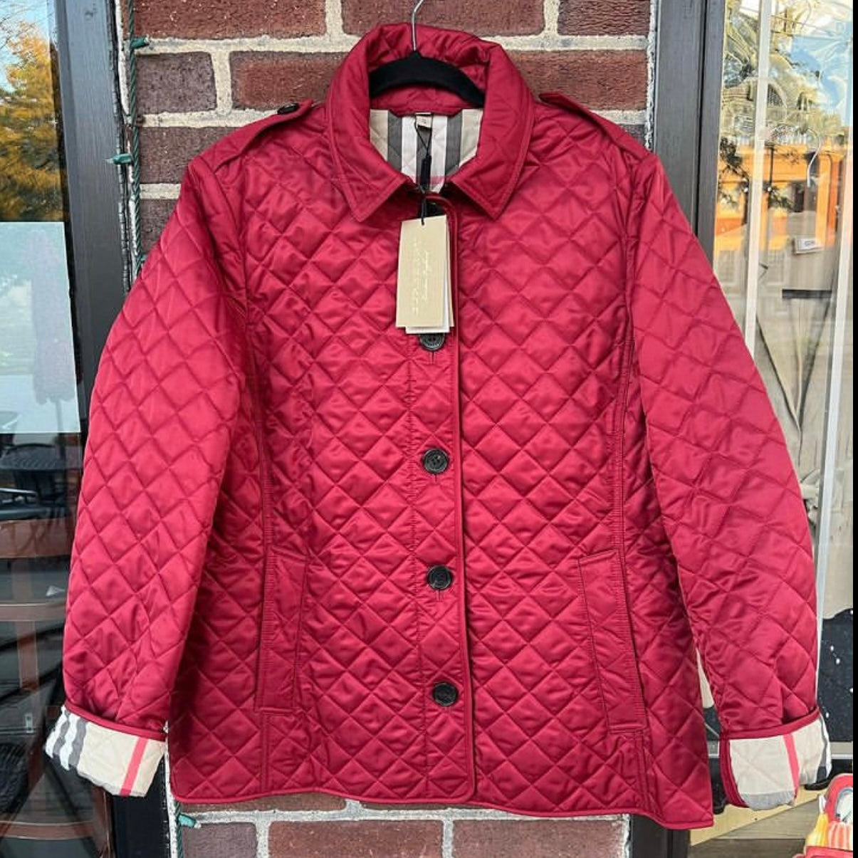 Burberry Red Quilted Button Coat, Size XL