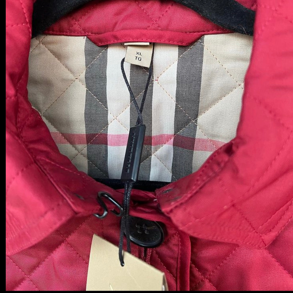Burberry Red Quilted Button Coat, Size XL